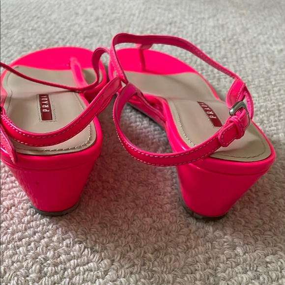 Prada Neon Pink Patent Leather Sandals, Wedge Heel, Size 8 1/2 - Picture 3 of 10
